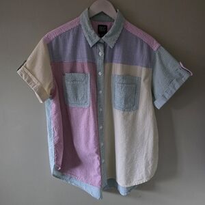 BDG S 90s Retro Eclectic Indie Sleeze Colorful Patchwork Seersucker Button Shirt